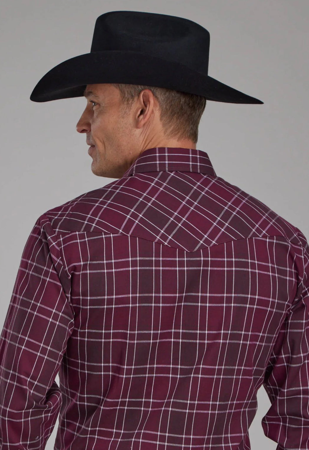 Roper Mens 2104 Plaid Wine/White Cotton Blend L/S Shirt