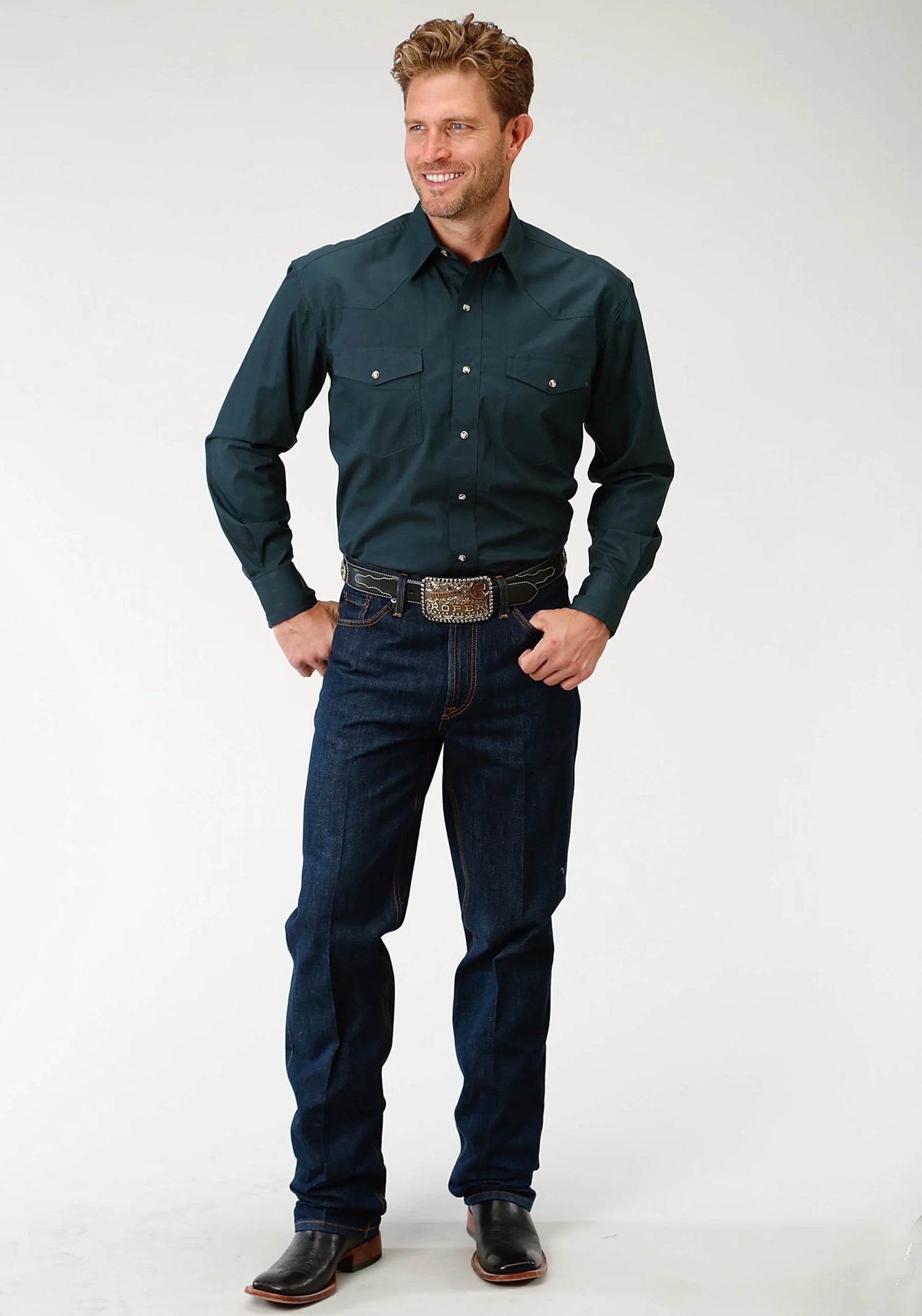 Green Solid Long Sleeve Western Snap Shirt