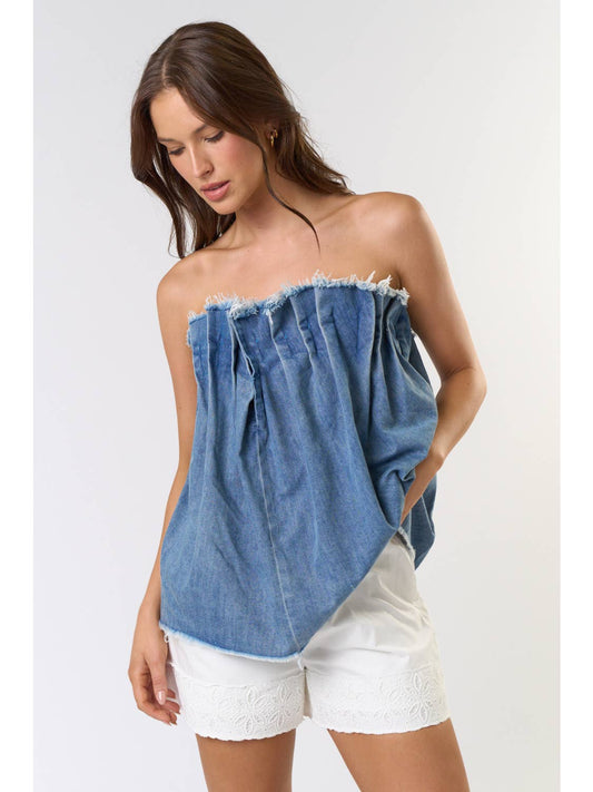 Pintuck Pleated Denim Top