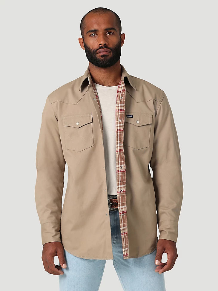 Wrangler Long Sleeve Flannel Lined Work Shirt in Dune