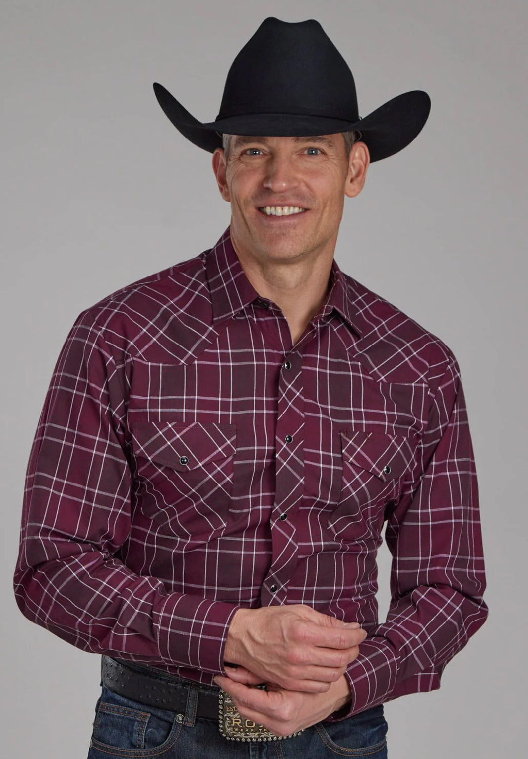 Roper Mens 2104 Plaid Wine/White Cotton Blend L/S Shirt