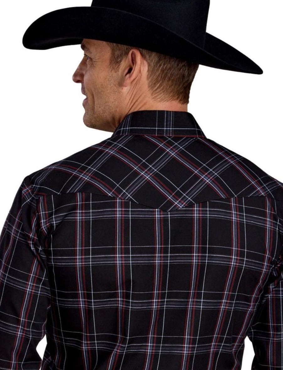Roper Western Shirt Mens L/S Plaid Black Gray Red