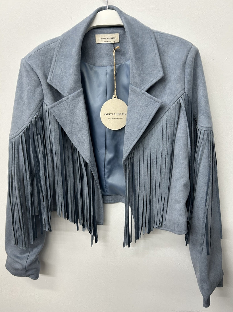 Denim Blue Faux Suede Fringe Jacket