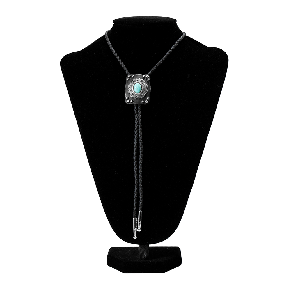 Double S Bolo Tie - Dark Antique with Turquoise Stone