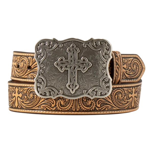Nocona Boys Floral Embossed Bull Rider Buckle Lacing Belt