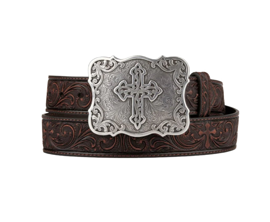Women’s Tooled Floral and Cross Leather Belt