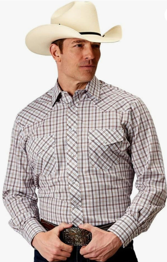 ROPER Western Shirt Mens Plaid Snap L/S Cream