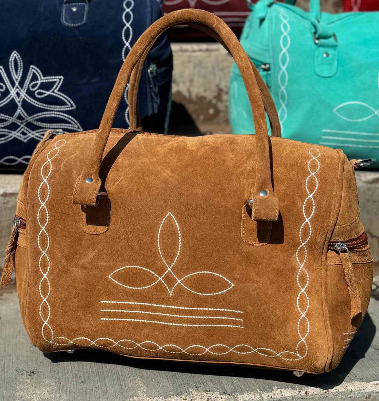 Tan Boot Stitch Suede Mini Duffle Bag