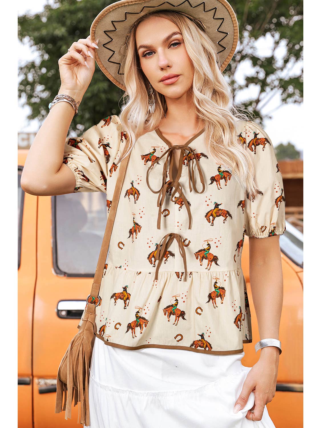 Puff Sleeve Bowknot Top