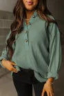 Smoke Green Waffle Long Sleeve Collar Half Button Loose Top