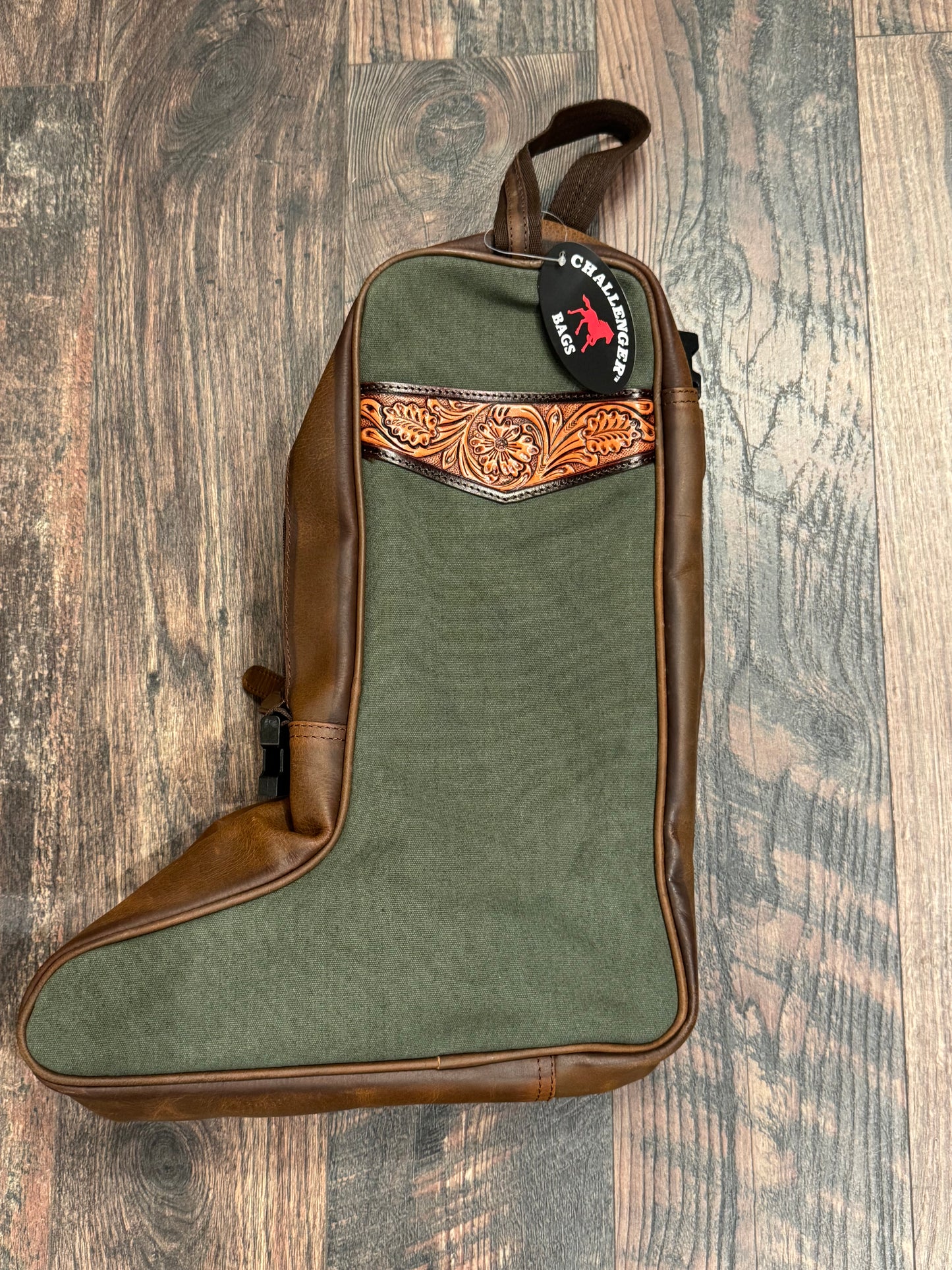 Green Canvas/Floral Tooled Leather Boot Bag