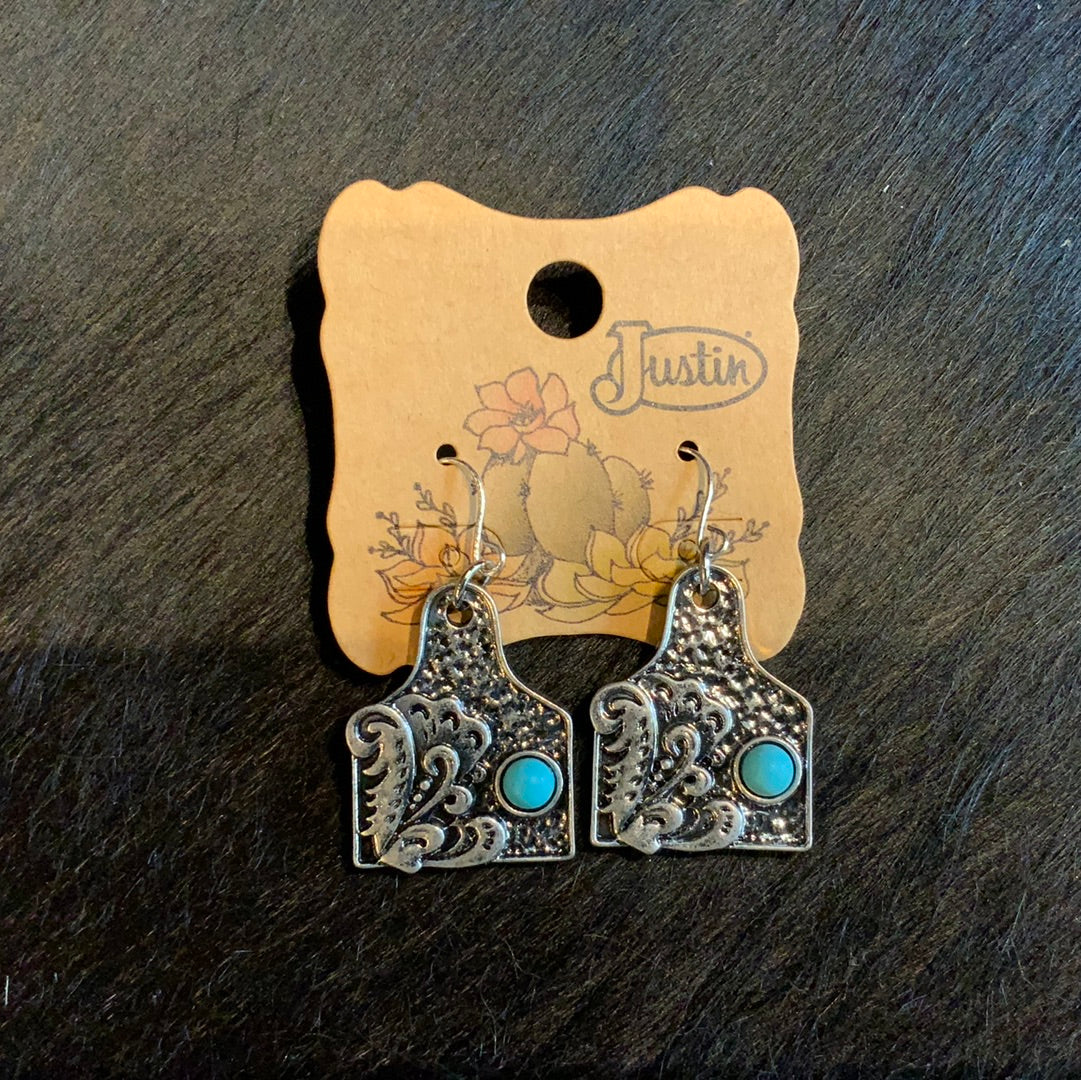 Cow Tag Earrings With Turquoise