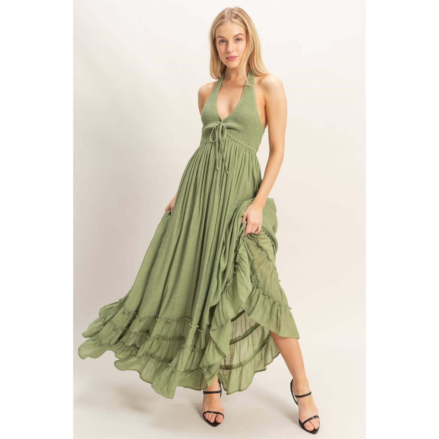 grey flowy bridesmaid dresses Lace Scalloped V-neck Vintage Long Dress color:ayana-opn-bck-mn-dress-medium-polka-brw swatch:https://www.motelrocks.com/cdn/shop/files/AYANA-OPN-BCK-MN-DRESS-MEDIUM-POLKA-BRW-5659D.jpg?v=1757903344&width=100 main image 0