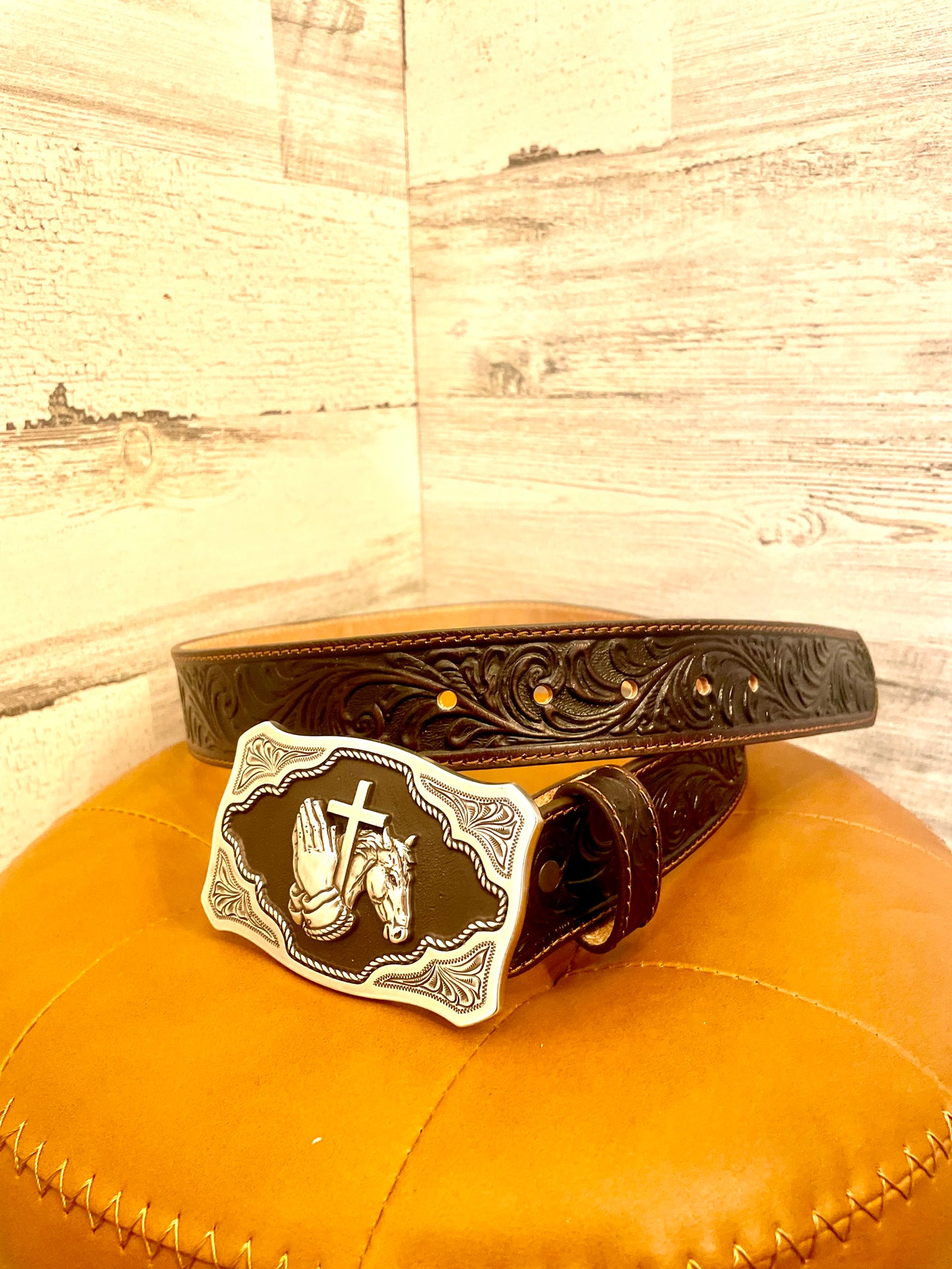 Tony Lama Leather Work Belt with Praying Hands Buckle
