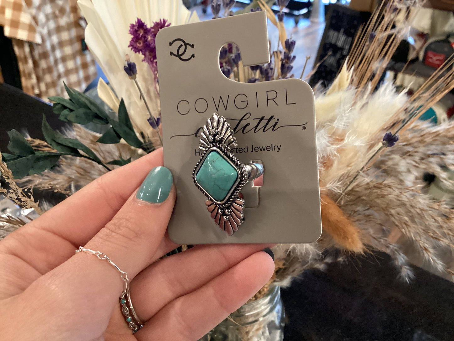 Turquoise Square Feathered Ring