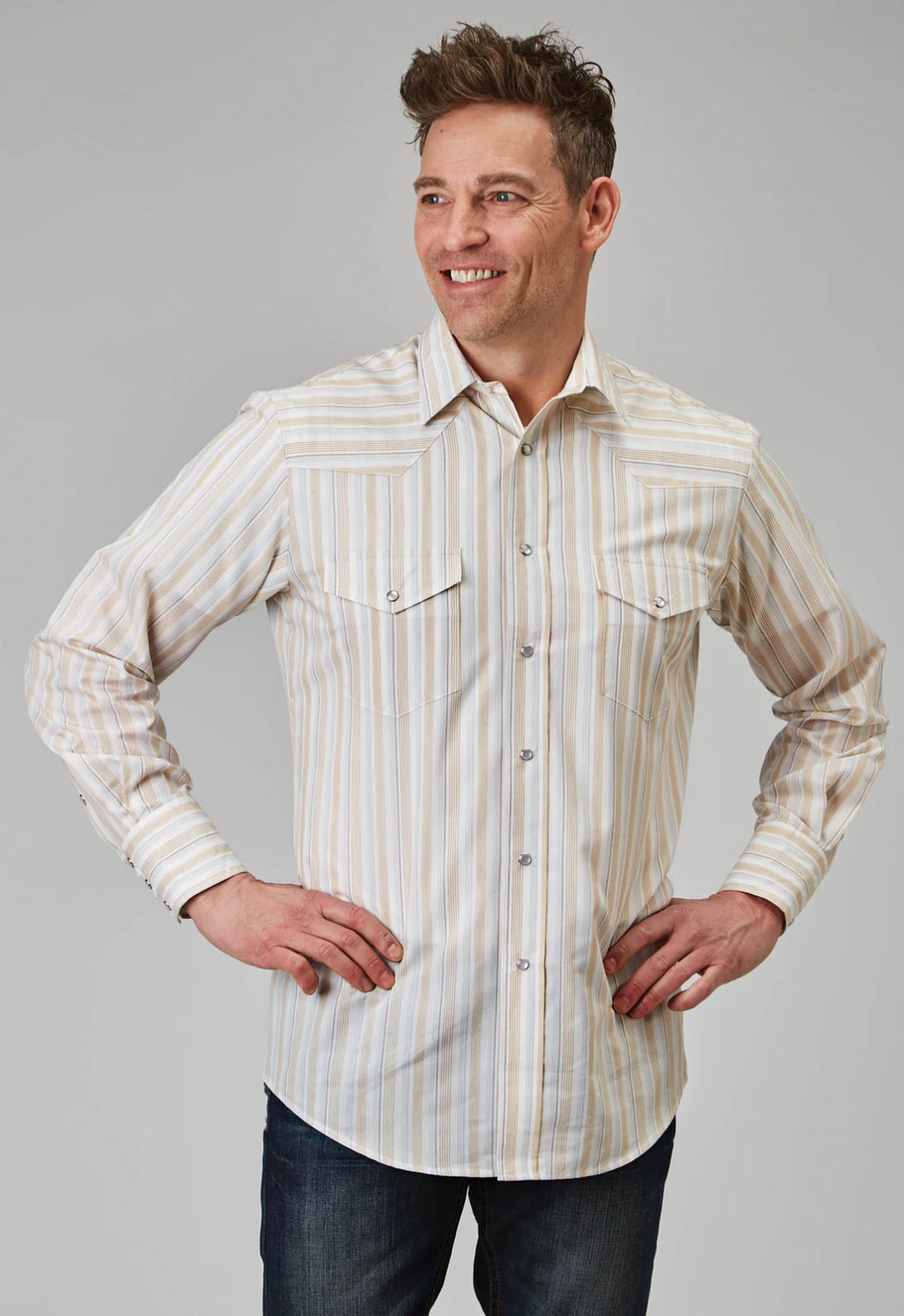 MENS LONG SLEEVE SNAP NEUTRAL STRIPE WESTERN SHIRT