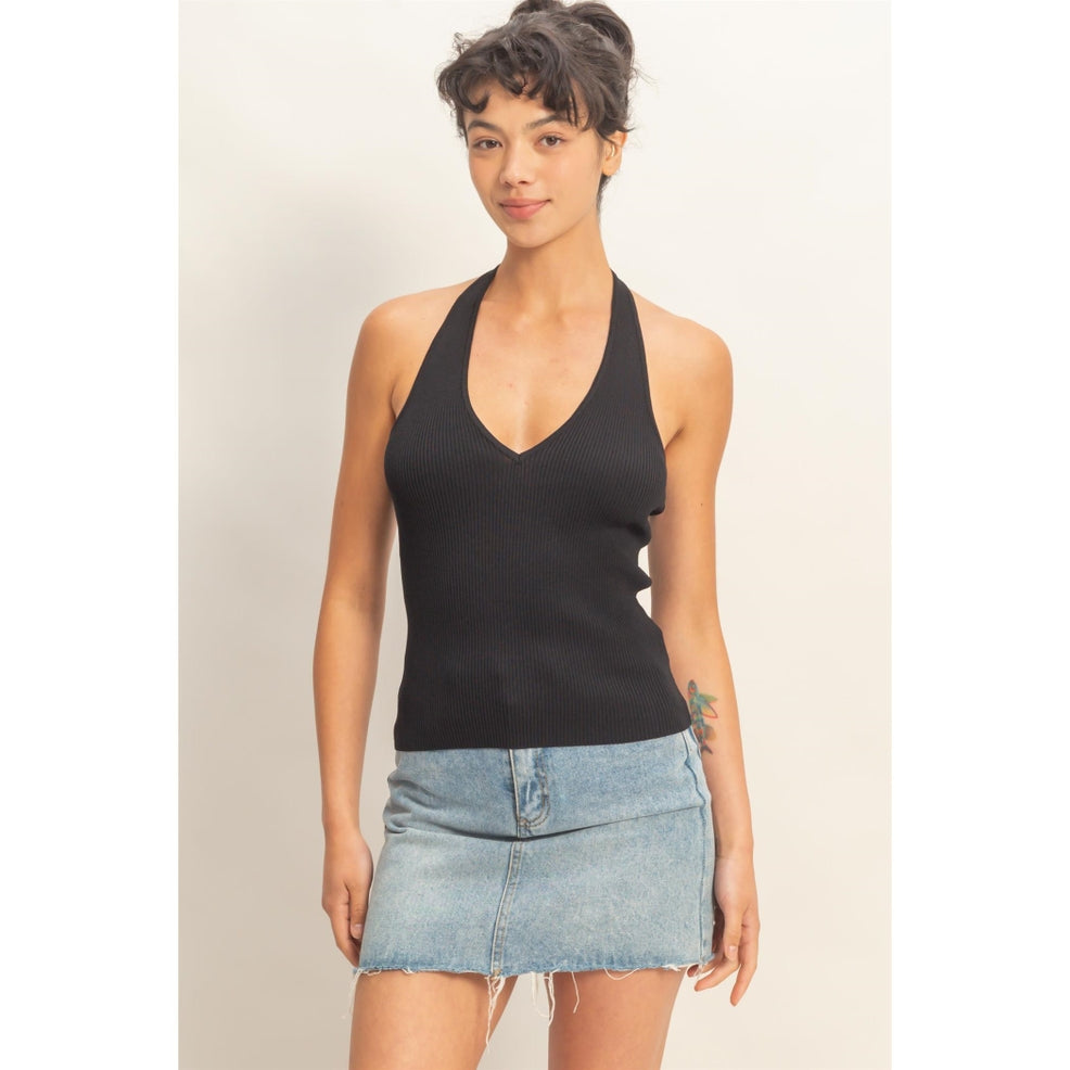 Tess Ribbed Halter Black Top