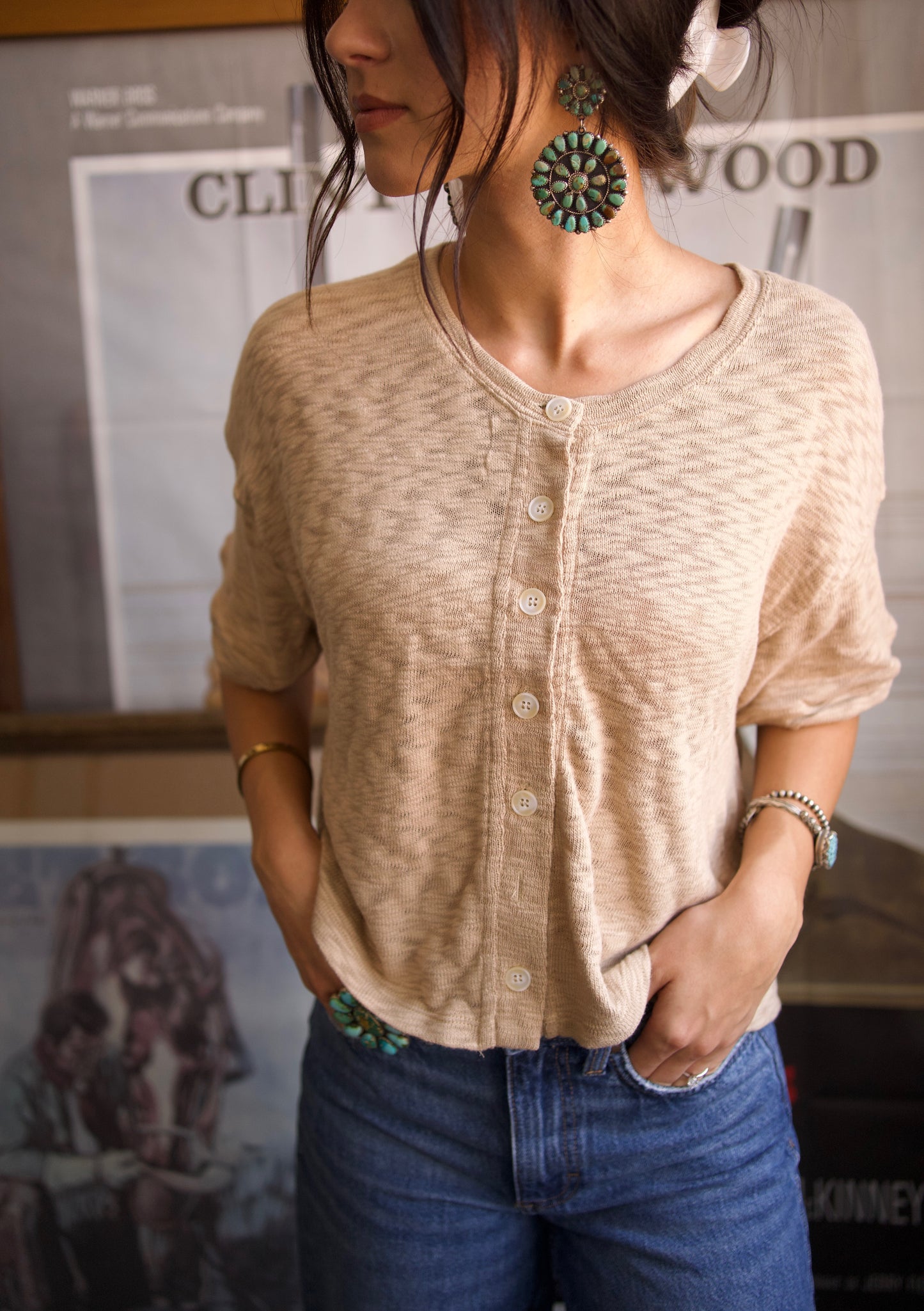 Button up knit top - taupe