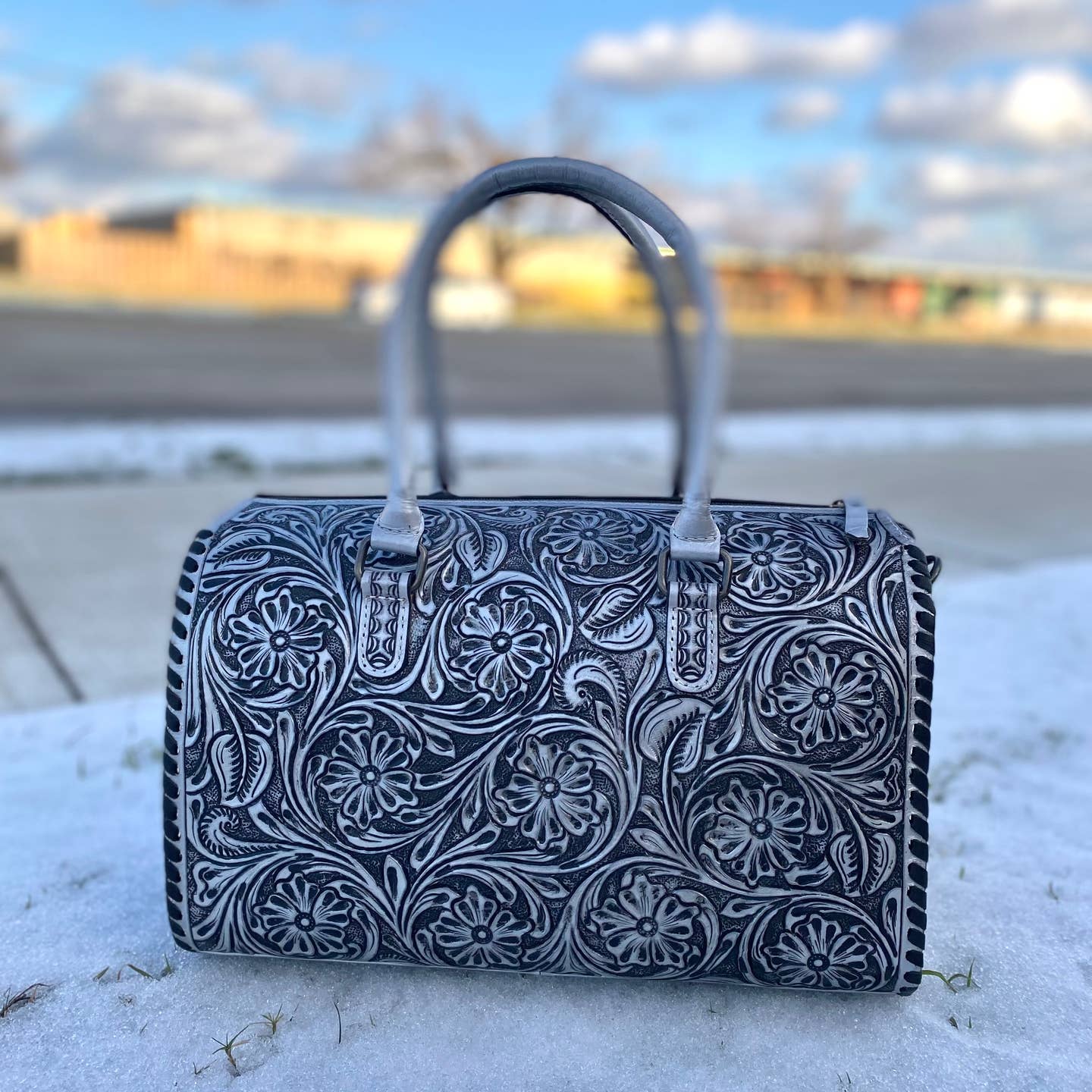 Silver Floral Tooled Duffle Bag