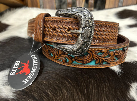 MEN'S TURQUOISE FLORAL TOOLED LEATHER BELT