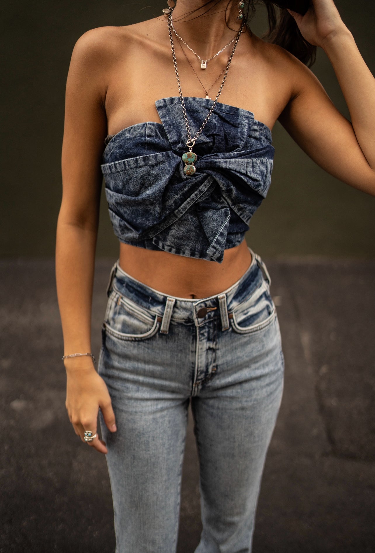 Denim Twisted Bow Bandeau Top