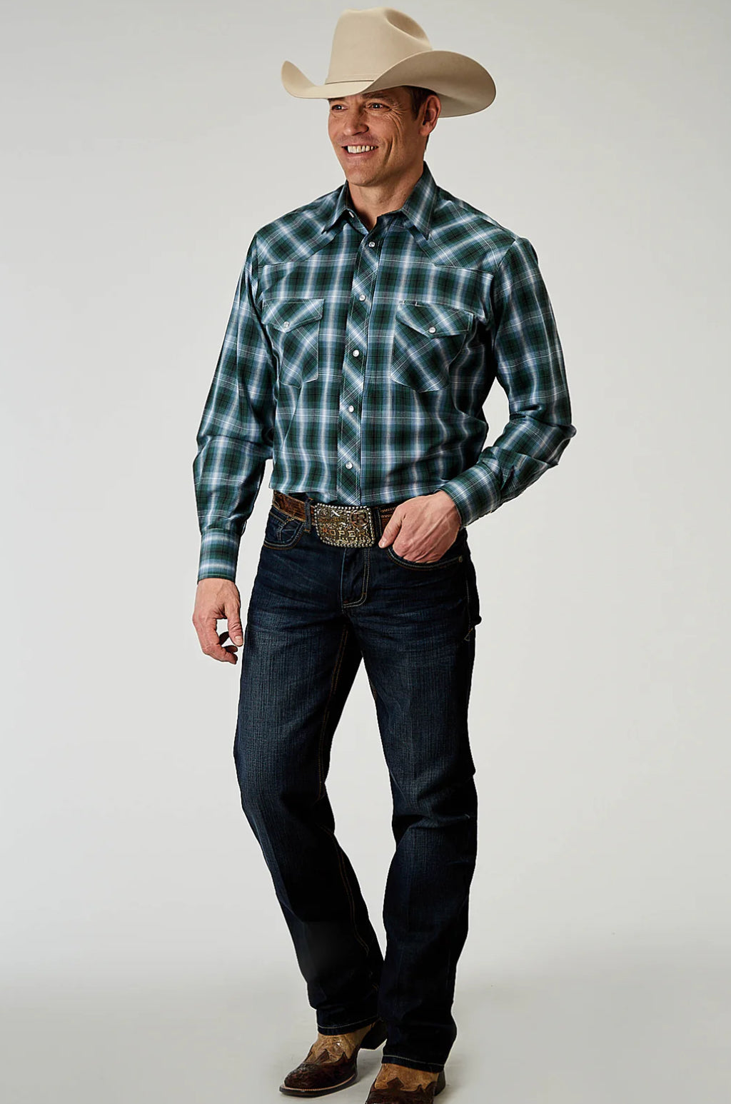 MENS LONG SLEEVE SNAP OCEAN PLAID WESTERN SHIRT