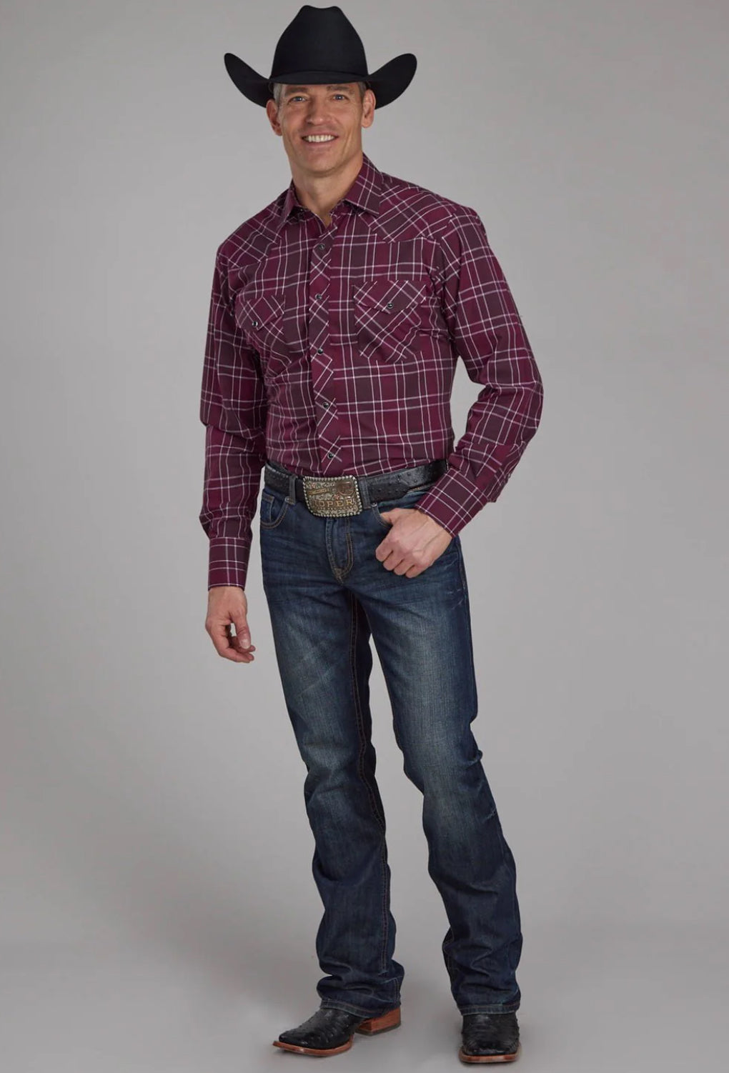Roper Mens 2104 Plaid Wine/White Cotton Blend L/S Shirt