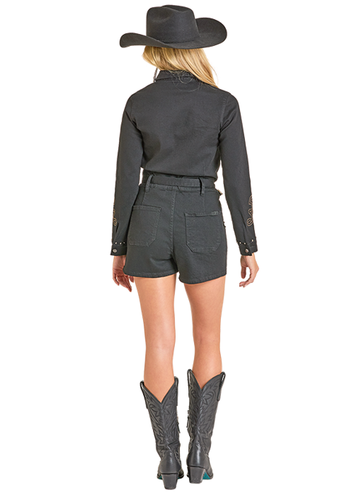 Boot Stitch Black Denim Romper