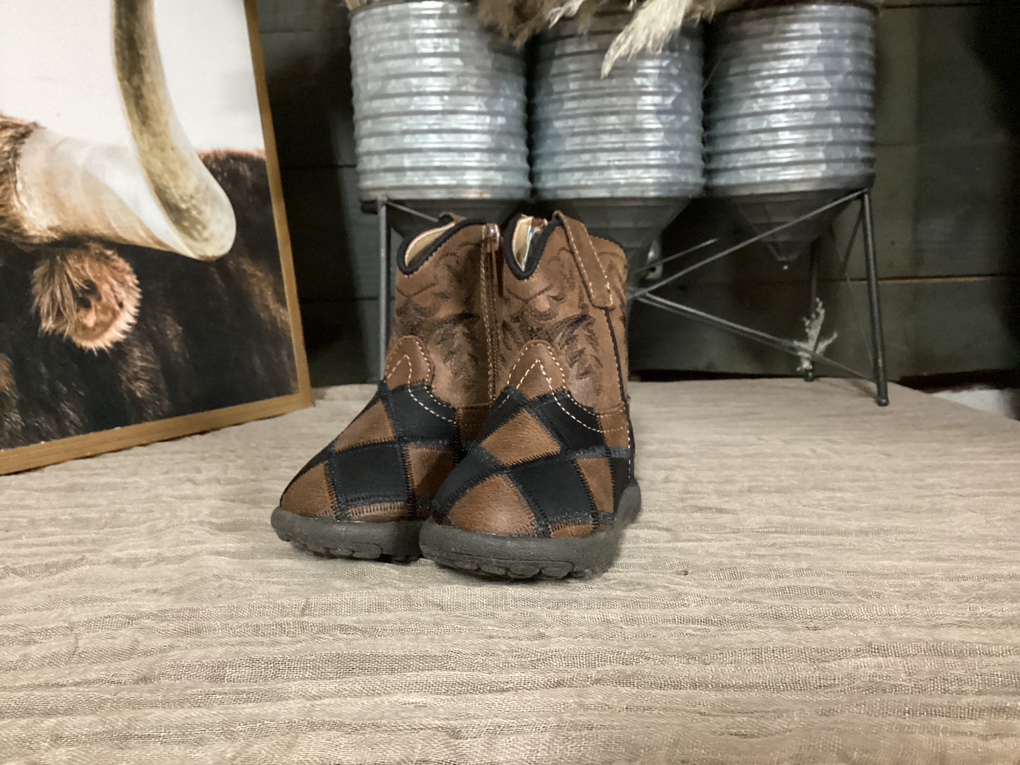 Infants Footwear Black/Tan Faux Leather Patchwork