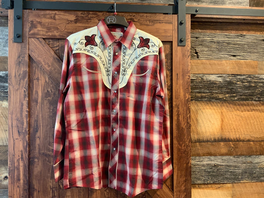 Mens Roper Red Plaid Snap Up w/ White Embroidery