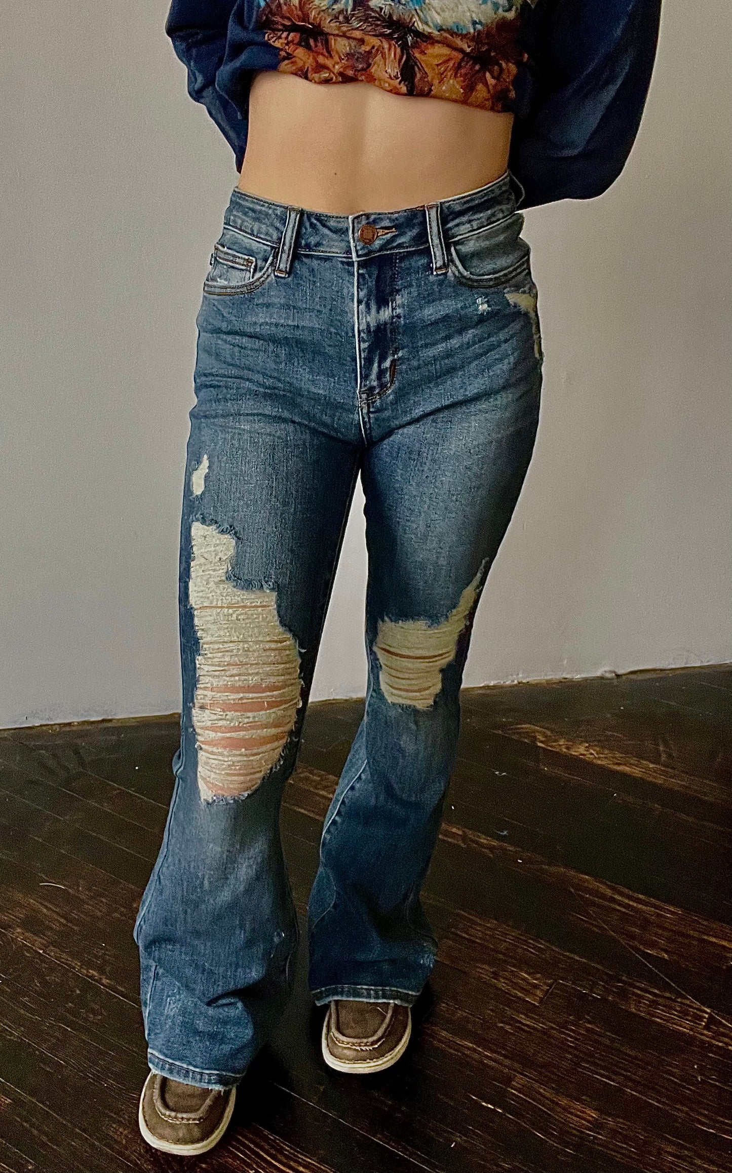 Judy Blue Mid Wash Ripped Flares
