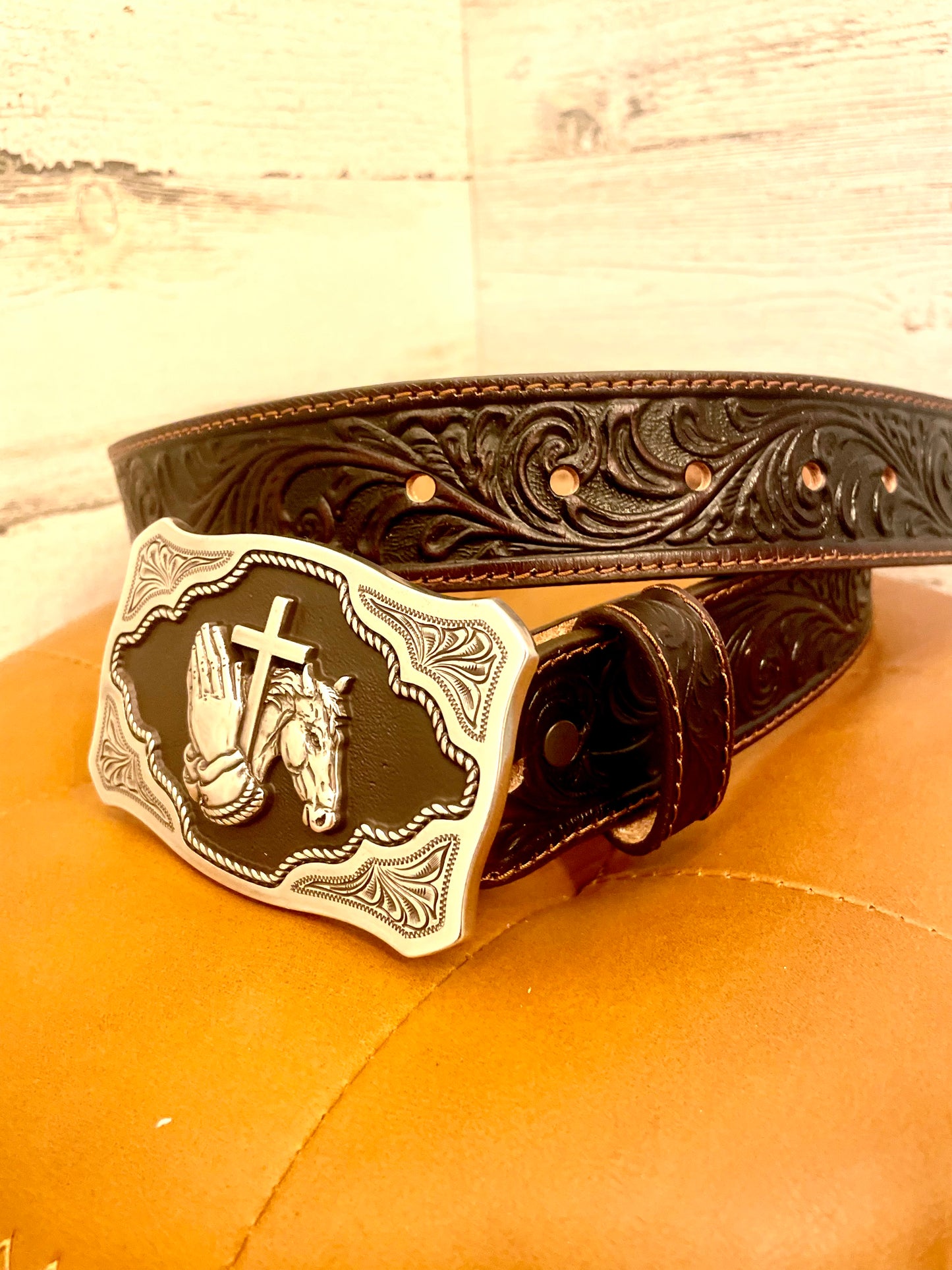 Tony Lama Leather Work Belt with Praying Hands Buckle