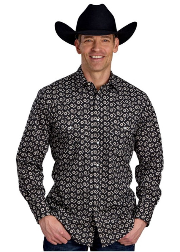 ROPER MEN'S BLACK CREAM FLORAL PRINT WESTERN SHIRT