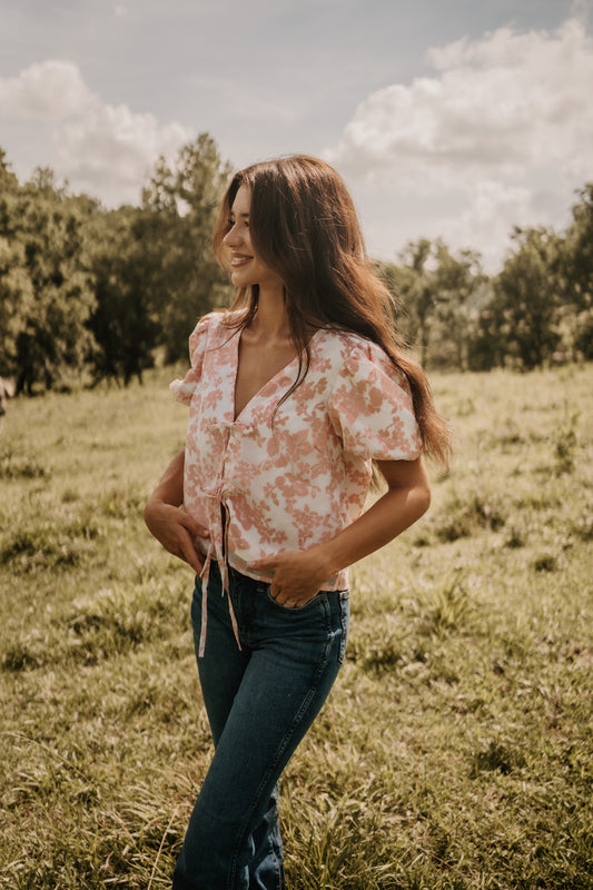 Pink Blossom Tie Front Top