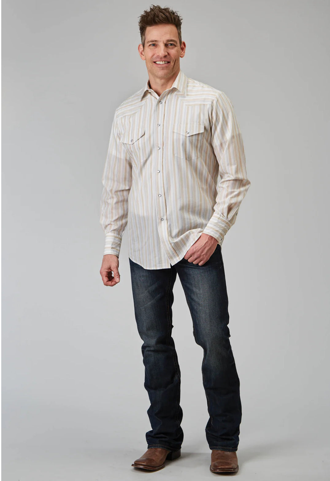 MENS LONG SLEEVE SNAP NEUTRAL STRIPE WESTERN SHIRT