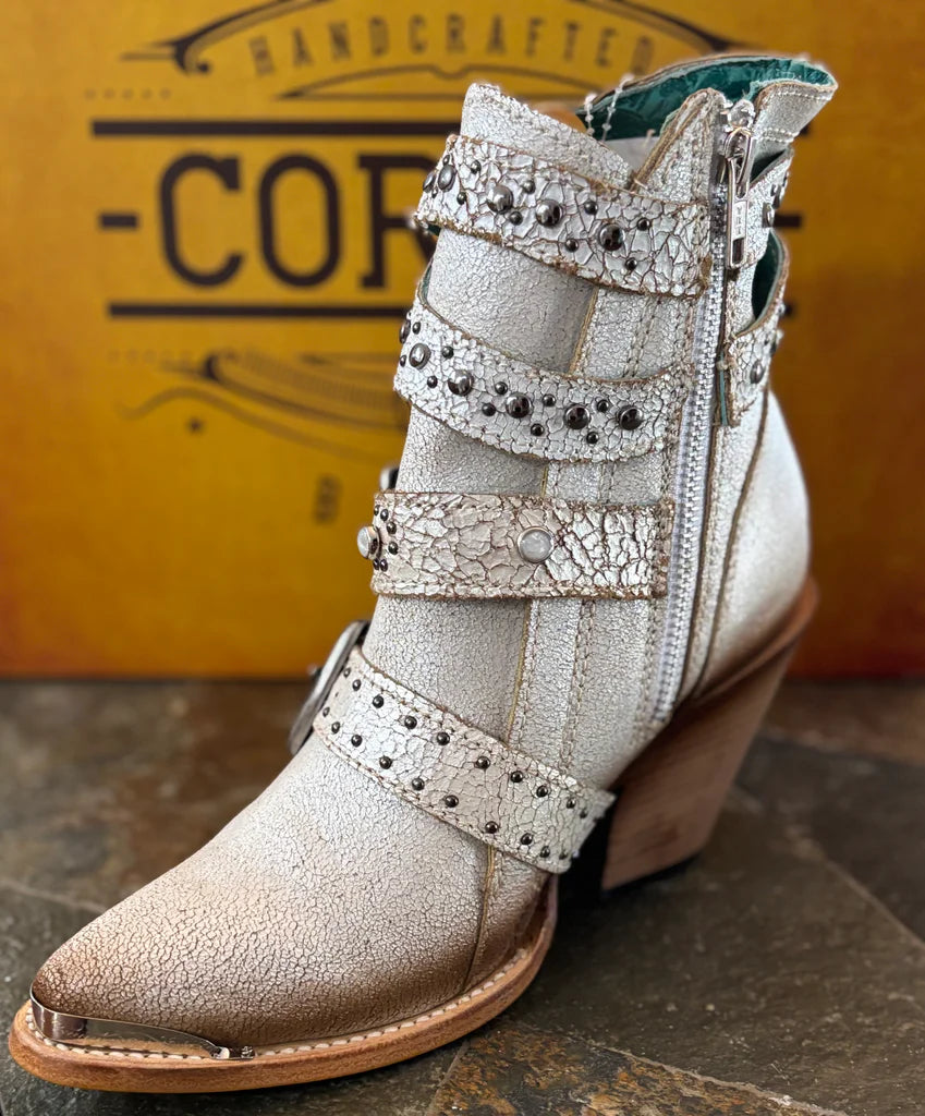 Corral Straps & Studs Silver & White Pointed Toe Booties