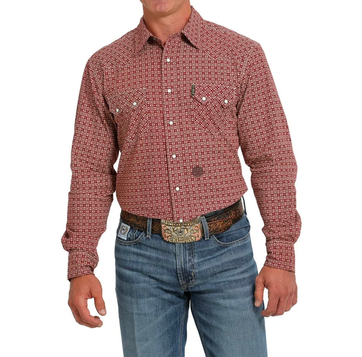 Final Sale ✨Cinch Men's Long Sleeve Modern Fit Snap Contrast Top Stitch Western Print Shirt - Red