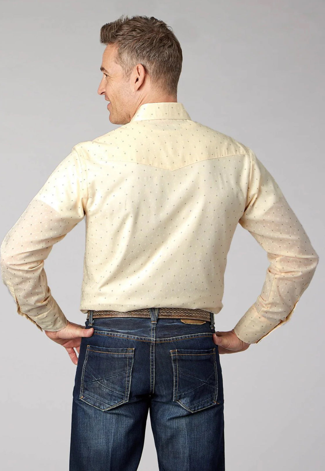 Roper Mens 2067 Diamond Wallpaper White Cotton Blend L/S Shirt