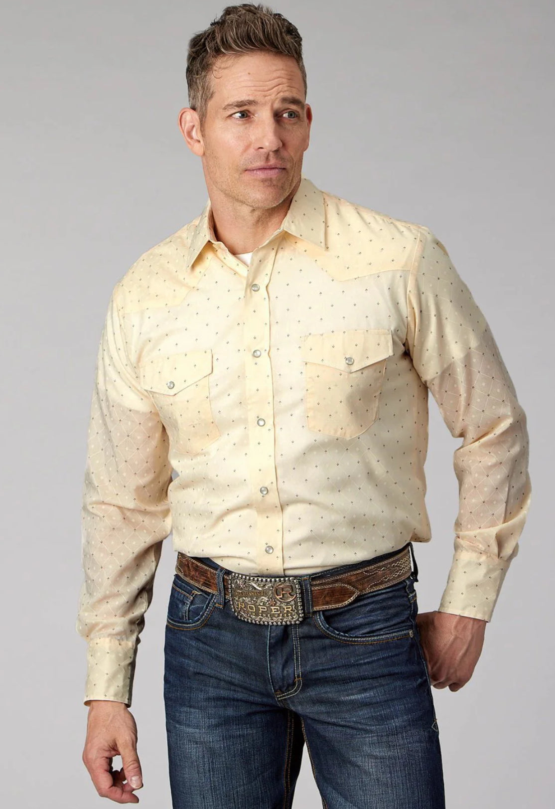 Roper Mens 2067 Diamond Wallpaper White Cotton Blend L/S Shirt