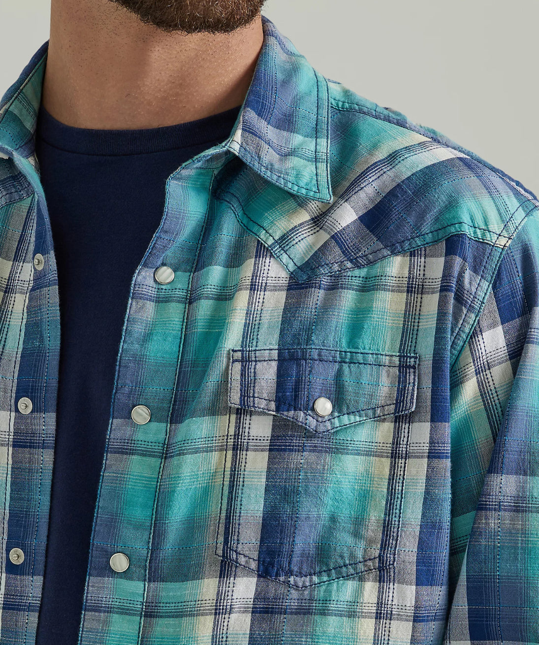 Wrangler Blue And White Long Sleeve Pearl Snap