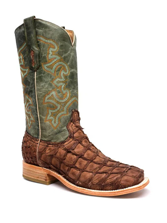 Mens Brown Turquoise Fish Embroidery Sq. Toe corral