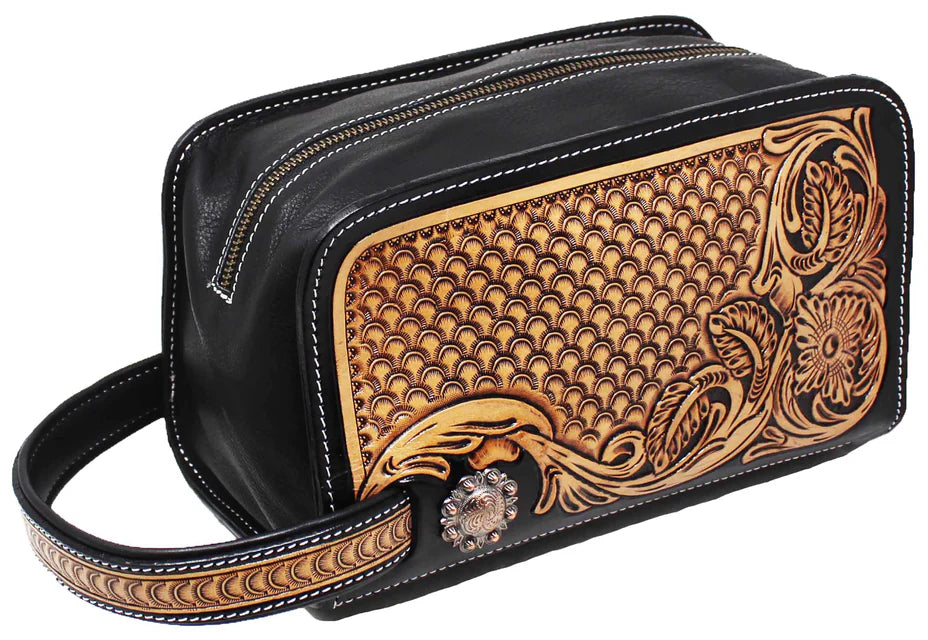 Mens tooled leather toiletries bag