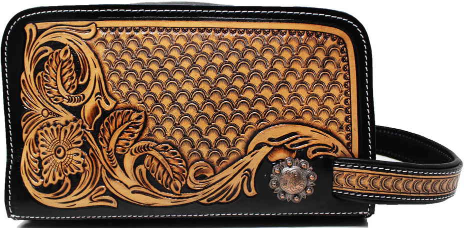 Mens tooled leather toiletries bag