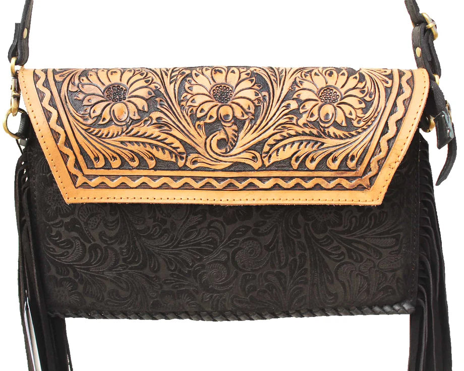 Tooled leather crossbody purse