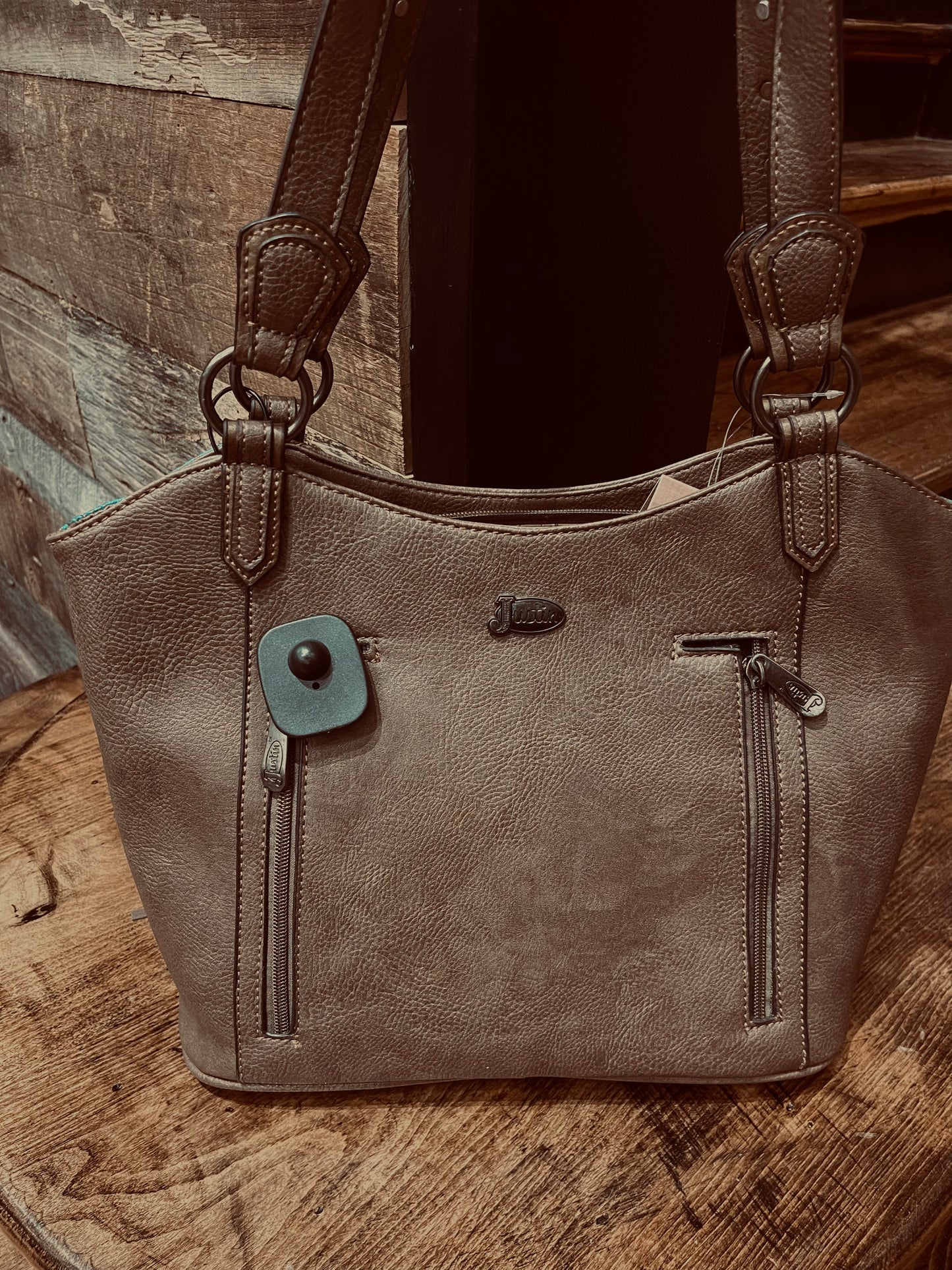 TOOLED TURQUOISE & ASH BROWN FRINGE TOTE HANDBAGq