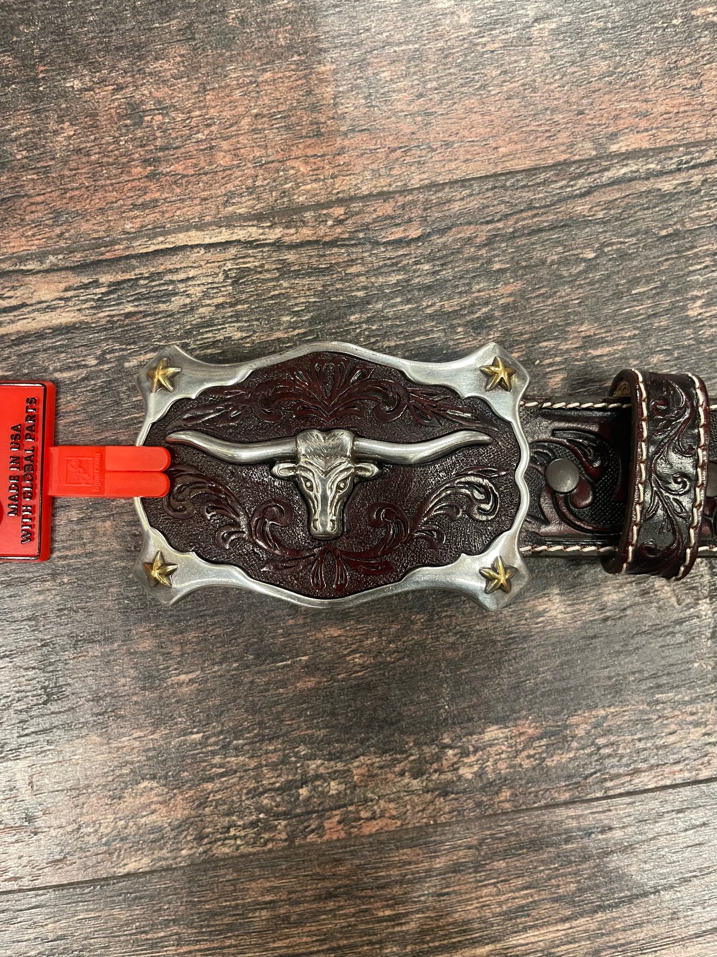 Leatherwork Justin Belt with Bull Buckle