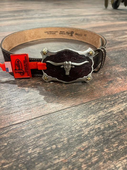Leatherwork Justin Belt with Bull Buckle Black