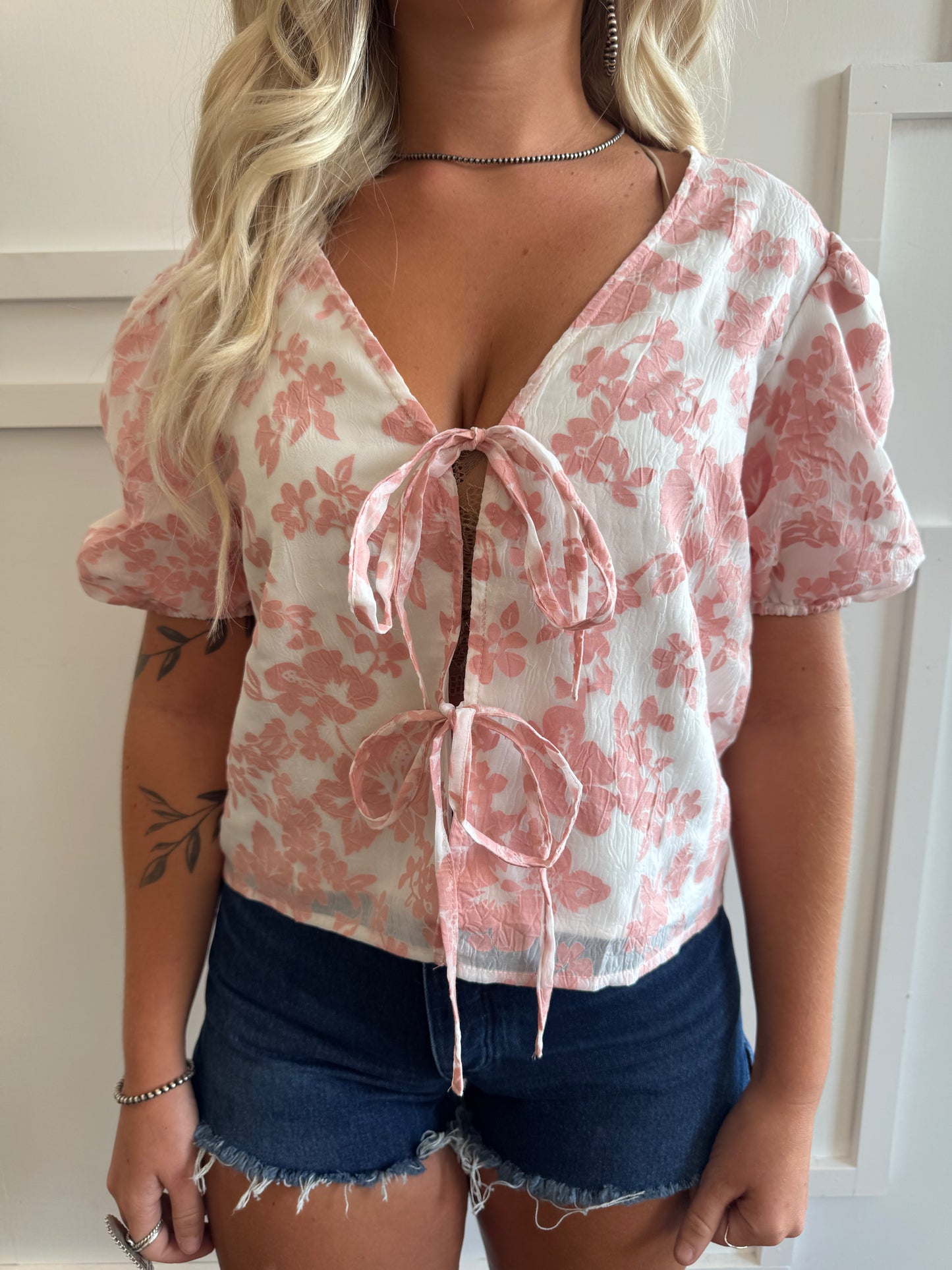 Pink Blossom Tie Front Top