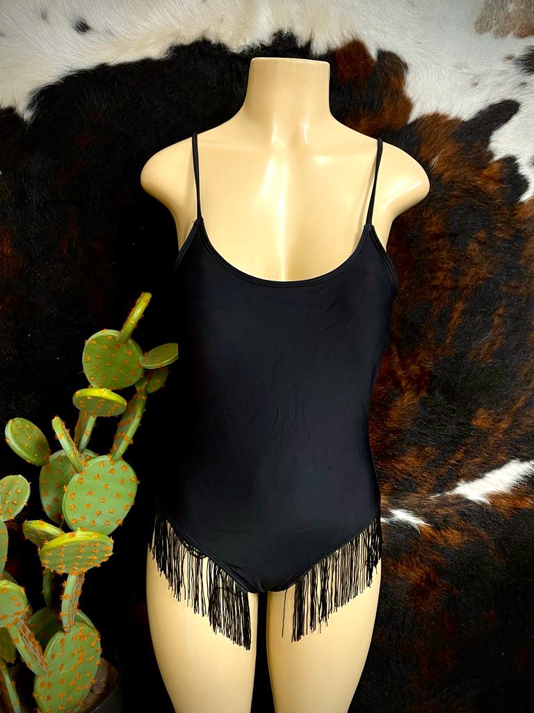 Black One Piece Fringe Swimsuit