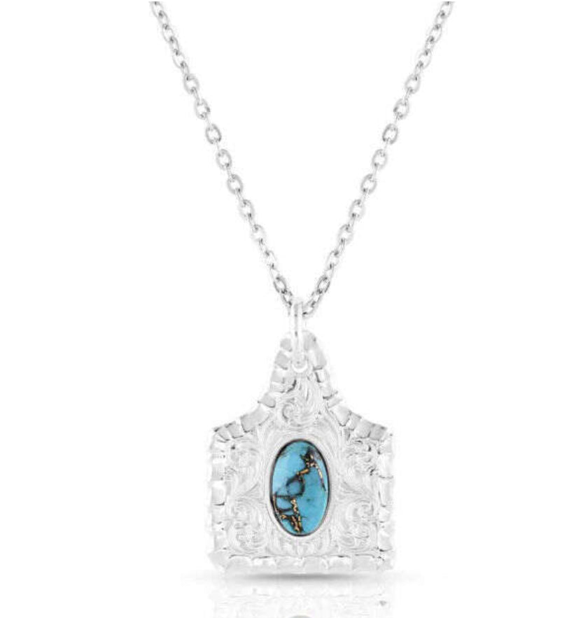 Chiseled Cow Tag Turquoise Necklace